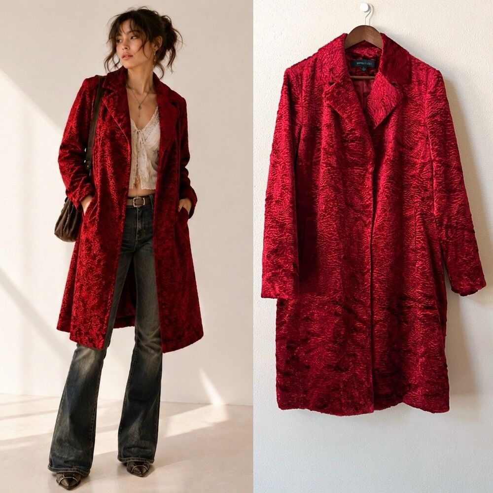 Vintage Y2K Siena Studio Red Textured Faux Fur Coat Large Long Jacket Whimsigoth